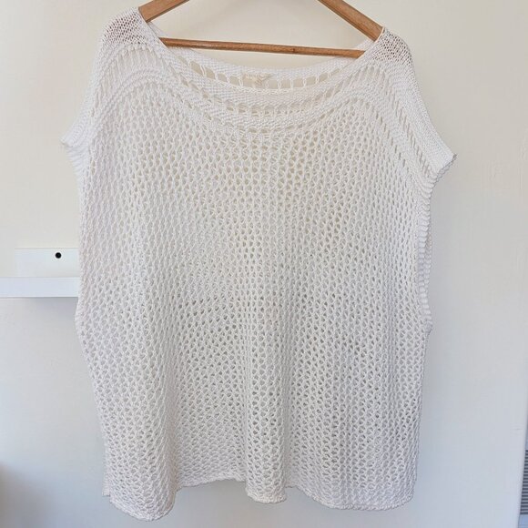 Eileen Fisher 100% Organic Cotton Sweater Vest Top White Open Knit L/XL Boxy - Picture 1 of 5